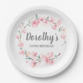 100. Geburtstagsparty Pink Floral Pappteller (Vorderseite)