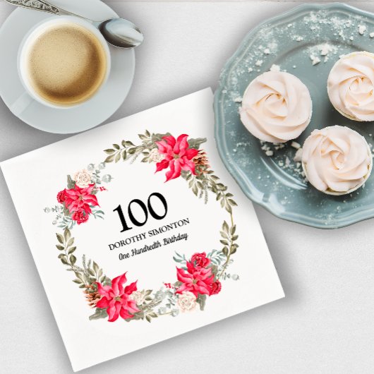 100. Geburtstagsparty Red Floral Poinsettia Wreath Serviette