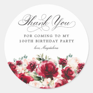 100. Geburtstagsparty Red Pink Floral Vielen Dank Runder Aufkleber