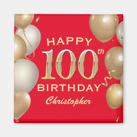 100. Geburtstagsparty Rot und Gold Ballons Magnet (Vorne)