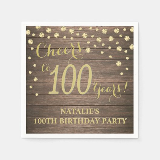 100. Geburtstagsparty Rustikales Holz und Gold Dia Serviette (Vorderseite)