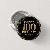 100. Geburtstagsparty Schwarz und Gold Glitzer Fra Button (Vorne & Hinten)