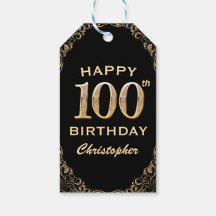 100. Geburtstagsparty Schwarz und Gold Glitzer Fra Geschenkanhänger