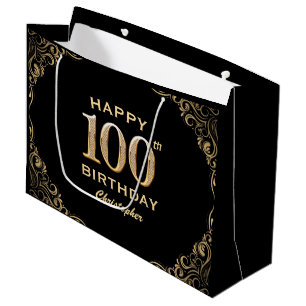 100. Geburtstagsparty Schwarz und Gold Glitzer Fra Große Geschenktüte