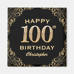 100. Geburtstagsparty Schwarz und Gold Glitzer Fra Magnet