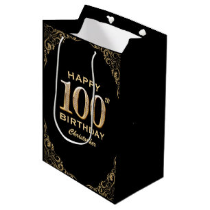 100. Geburtstagsparty Schwarz und Gold Glitzer Fra Mittlere Geschenktüte