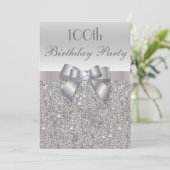 100. Geburtstagsparty Silver Sequins, Bow & Diamon Einladung (Stehend Vorderseite)