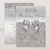 100. Geburtstagsparty Silver Sequins, Bow & Diamon Einladung (Vorne/Hinten)