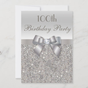 100. Geburtstagsparty Silver Sequins, Bow & Diamon Einladung