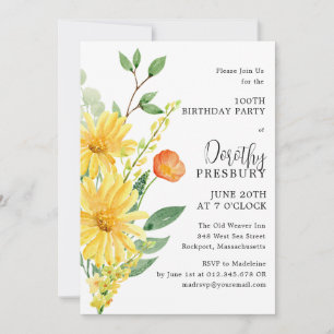 100. Geburtstagsparty Spring Yellow Floral Einladung