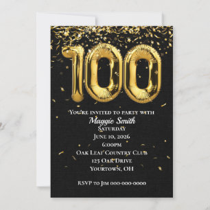 100. Gold Geburtstagsballons und Confetti Einladung