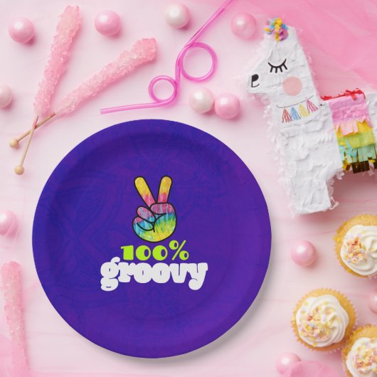 100% Groovy mit Rainbow Hand Peace Sign Pappteller (Party)