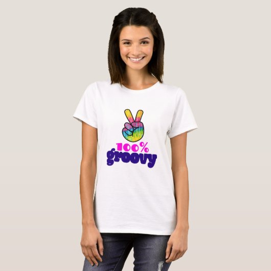 100% Groovy Rainbow with Hand Peace Sign T-Shirt (Vorne ganz)