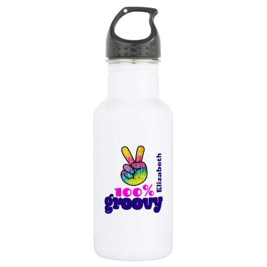 100% Groovy Regenbogen mit Hand Peace Sign Einziga Edelstahlflasche (Vorderseite)