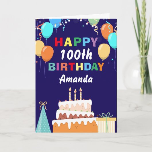 100. Happy Birthday Balloons Cake Navy Blue Karte (Vorderseite)