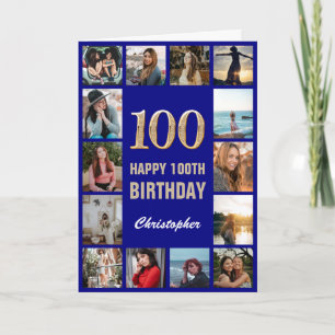 100. Happy Birthday Navy Blue Gold Foto Collage Karte