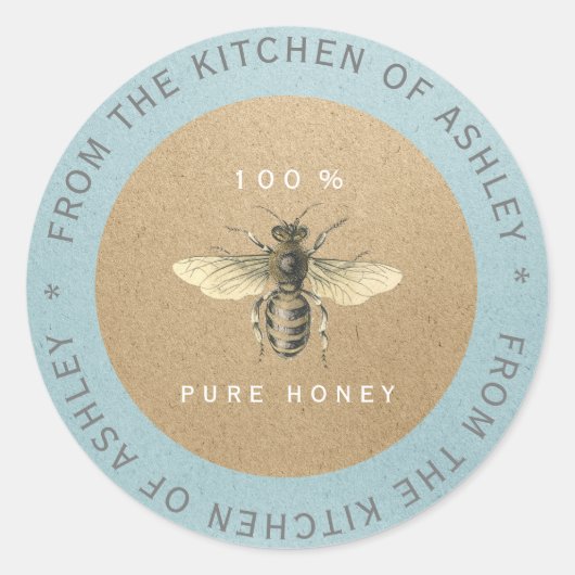 100%hausgemachte Honey Kitchen Kraft Bee Gray Blue Runder Aufkleber (Vorderseite)