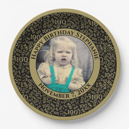 100 Ihr Foto Random Number Pattern Black/Gold Pappteller (Vorderseite)