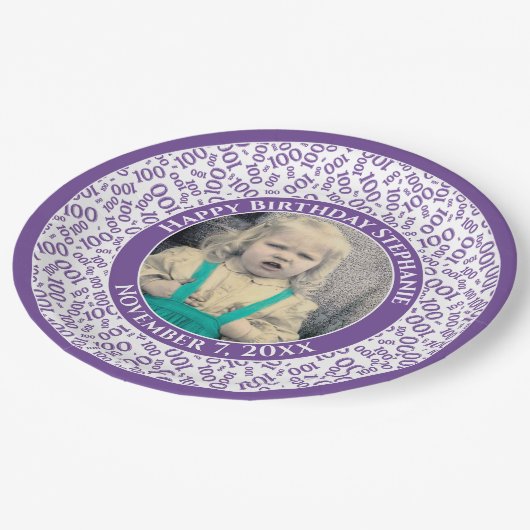 100 Ihr Foto Zufallszahlenmuster Lila/weiß Pappteller (Schrägansicht)