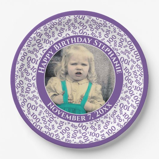 100 Ihr Foto Zufallszahlenmuster Lila/weiß Pappteller (Vorderseite)