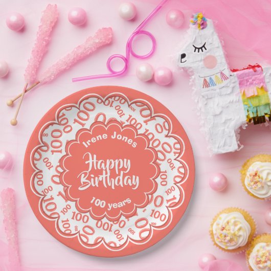 100. Korallen/Weißes Zufallszahlenmuster Pappteller (Party)