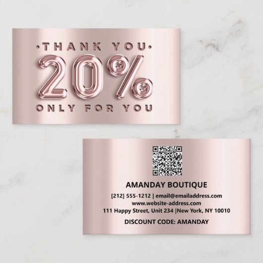 100 Logo QRCODE 20%OFF Code Rose Metal Pink Visitenkarte (Vorne/Hinten)
