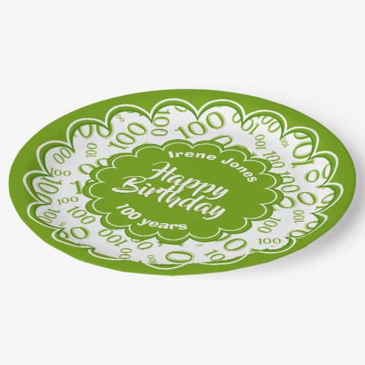 100. Muster der grünen/weißen Random-Zahl Pappteller (Schrägansicht)