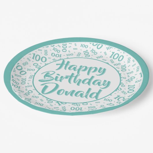 100. Party Random Number Pattern Aquamarin/weiß Pappteller (Schrägansicht)