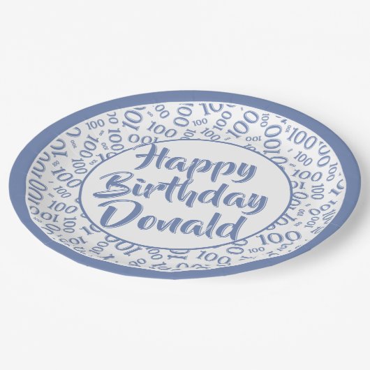 100. Party Random Number Pattern Blau/Weiß Pappteller (Schrägansicht)