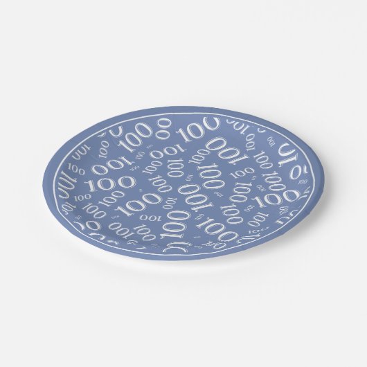 100. Party Random Number Pattern Blau/Weiß Pappteller (Schrägansicht)