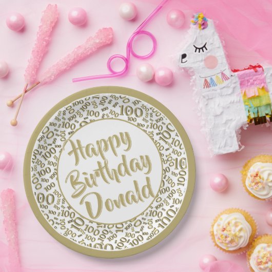 100. Party Random Number Pattern Gold/Weiß Pappteller (Party)
