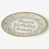 100. Party Random Number Pattern Gold/Weiß Pappteller (Schrägansicht)