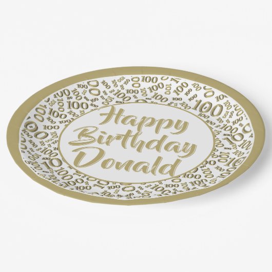 100. Party Random Number Pattern Gold/Weiß Pappteller (Schrägansicht)