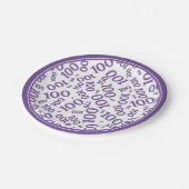 100. Party Random Number Pattern Lila/weiß Pappteller (Schrägansicht)