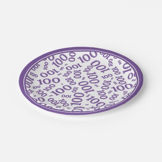 100. Party Random Number Pattern Lila/weiß Pappteller (Schrägansicht)