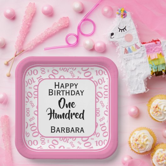 100. Party Random Number Pattern Rosa/Weiß Pappteller (Party)