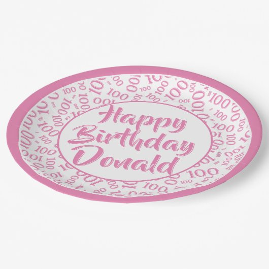 100. Party Random Number Pattern Rosa/Weiß Pappteller (Schrägansicht)