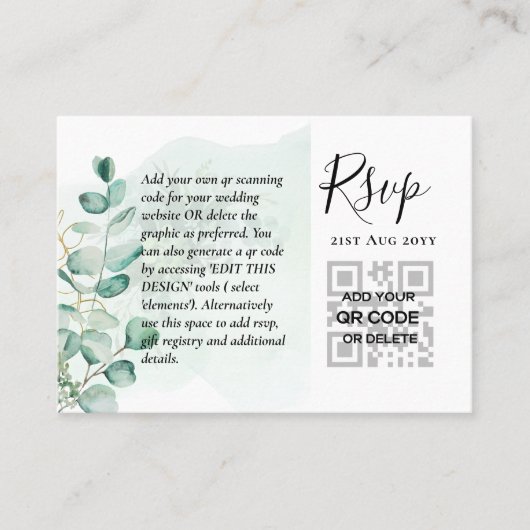 100 QR CODE WEDDING RSVP Greenery FOTO Umschließun Visitenkarte (Vorderseite)
