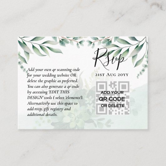 100 QR CODE WEDDING RSVP Greenery FOTO Umschließun Visitenkarte (Vorderseite)