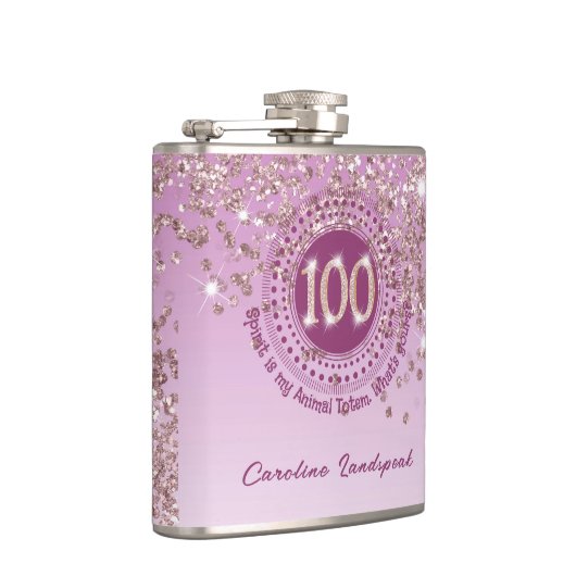100. & Rose Gold Glitzer & Drinking Quote Flachmann (Rechts)