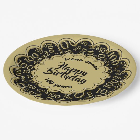 100. Schwarz/Gold Zufallszahlenmuster Pappteller (Schrägansicht)