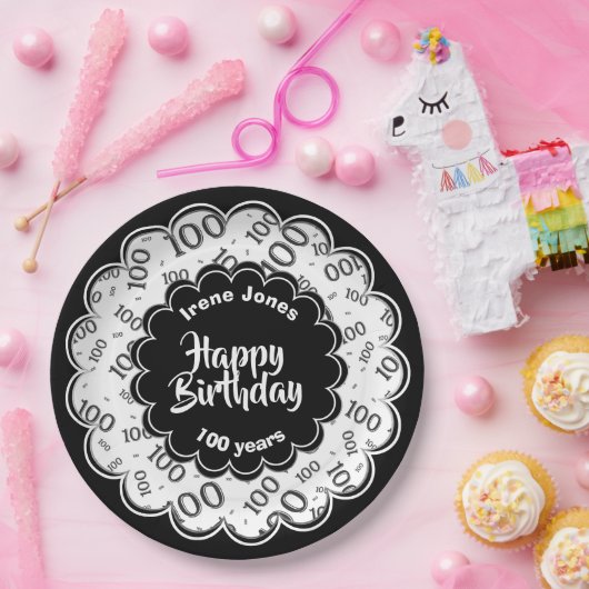 100. Schwarz/Weiß-Random-Zahlenmuster Pappteller (Party)