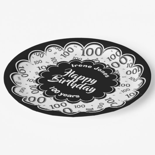 100. Schwarz/Weiß-Random-Zahlenmuster Pappteller (Schrägansicht)