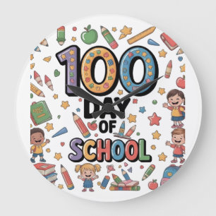 100. Tag des Schulspaß-T-Shirts Farbige Kinder & Große Wanduhr