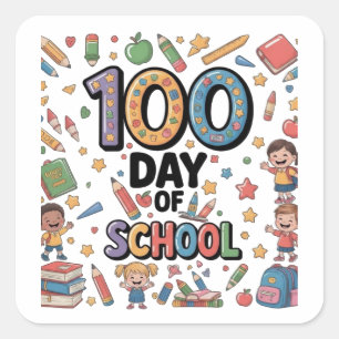 100. Tag des Schulspaß-T-Shirts   Farbige Kinder & Quadratischer Aufkleber
