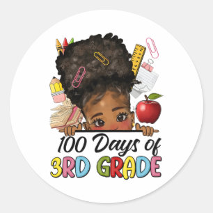 100 Tage der Schule 3. Klasse Afro Girl Messy Bun  Runder Aufkleber