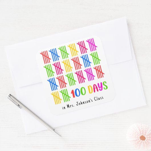 100 Tage der Schule farbenfrohe Tally Mark Quadratischer Aufkleber (Umschlag)
