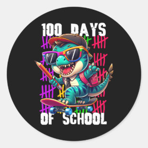 100 Tage Schule Cooler Dinosaurier Skateboarding  Runder Aufkleber