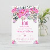 100 und fabelhafte lila rosa 100. Geburtstag Einladung (Stehend Vorderseite)