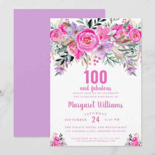 100 und fabelhafte lila rosa 100. Geburtstag Einladung (Vorne/Hinten)